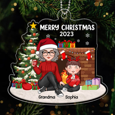 Merry Christmas Cute Grandma & Grandkid Sitting At Fireplace Personalized Acrylic Ornament