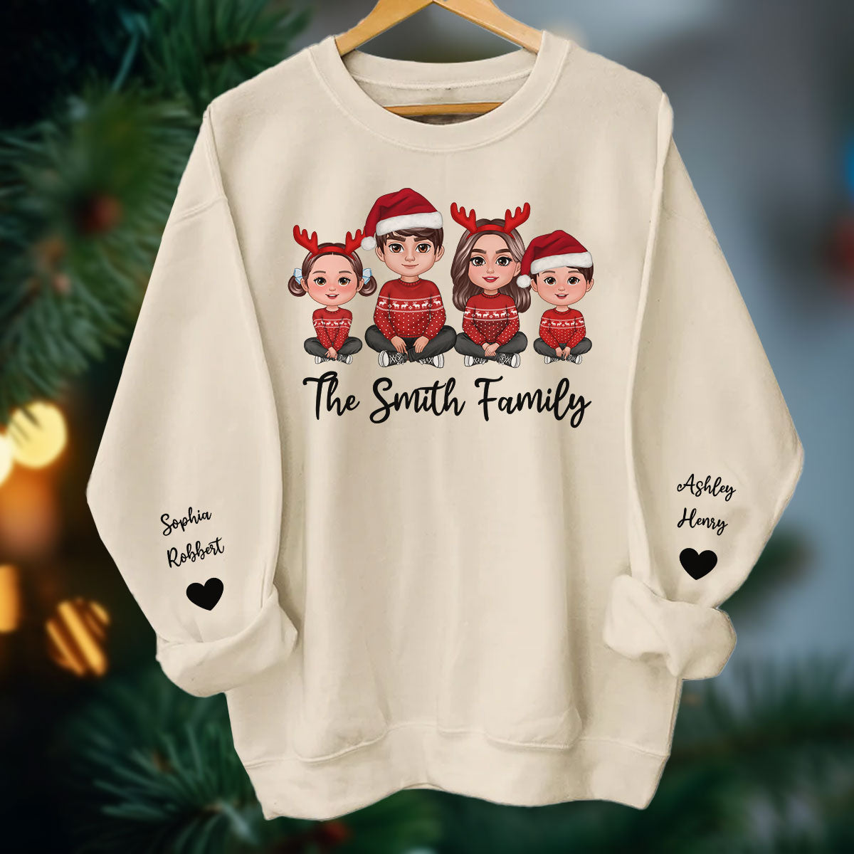 Doll Family Sitting Christmas Personalized Sleeve Printed Sweatshirt
