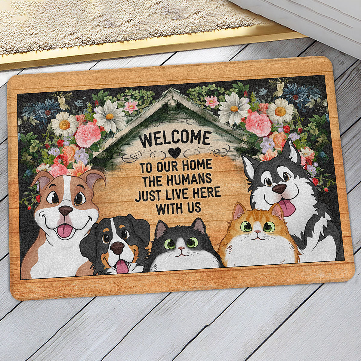 Welcome To Our Home Peeking Dogs Cats Personalized Door Mat