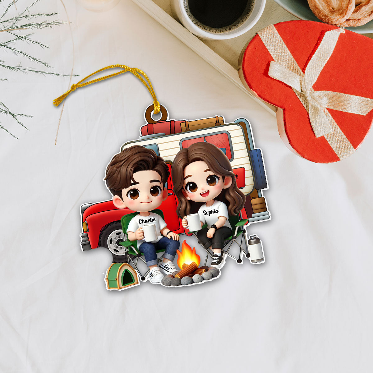 3D Effect Cute Cartoon Camping Couple Personalized Acrylic Car Hanger, Rear View Mirror, Valentine's Day, Anniversary, Birthday Gift for him, for her