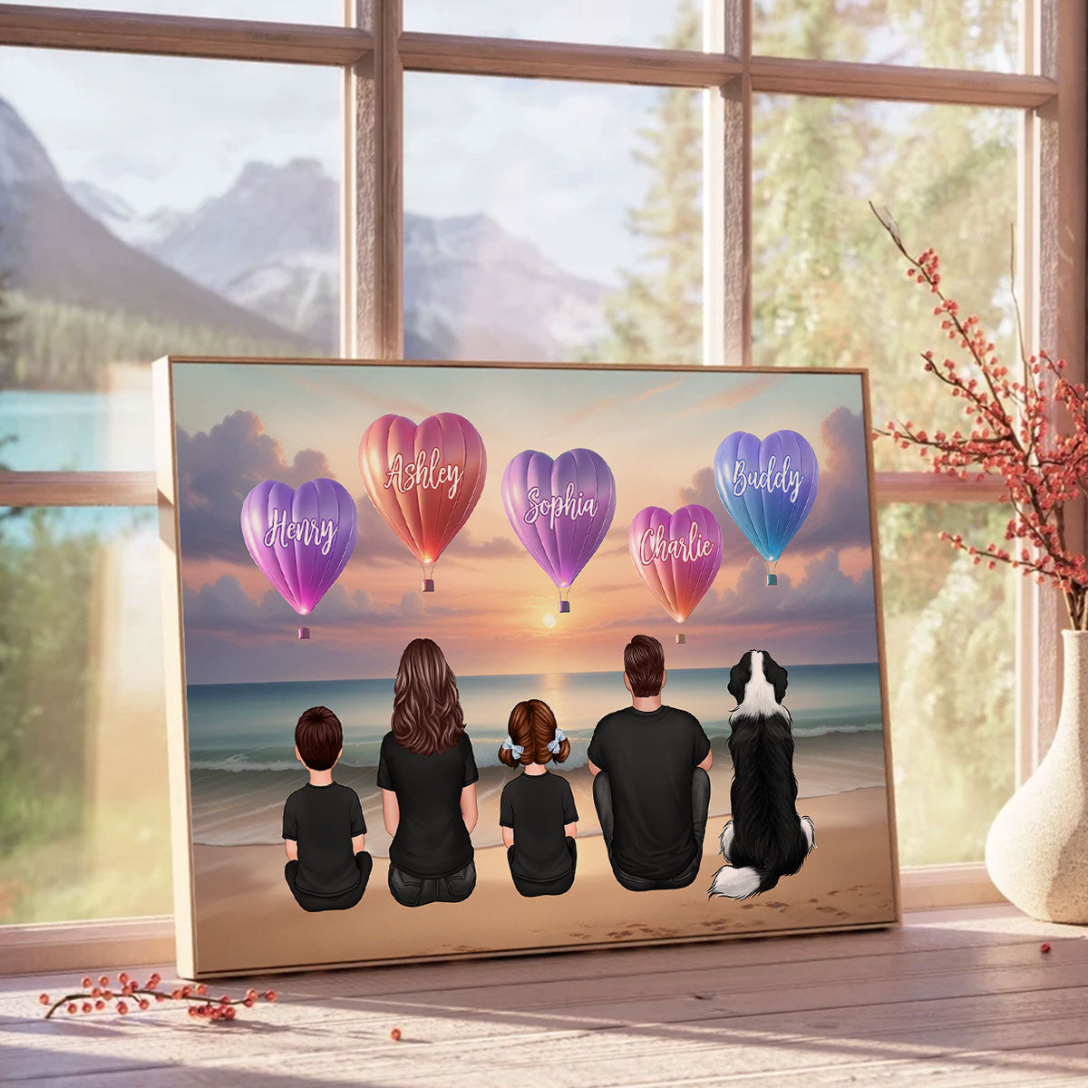 Personalized Family Sitting Back View Heart Air Balloons At Beach Poster, Gift for Family, Dad, Mom, Wife, Husband