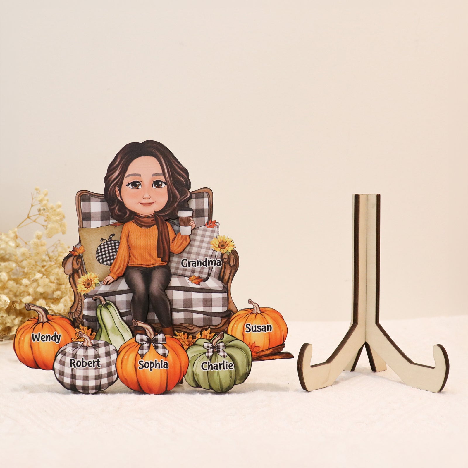 Grandma Sitting On Chair Pumpkins - Personalized 2-Layered Wooden Plaque