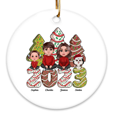 Family Crossed Legs Sitting Christmas Tree Cake Patterned Personalized Circle Ornament