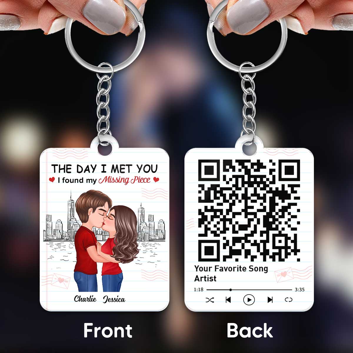 Skyline Paper Doll Couple Kissing Found My Missing Piece Favorite Song Scannable QR Code Personalized Acrylic Keychain
