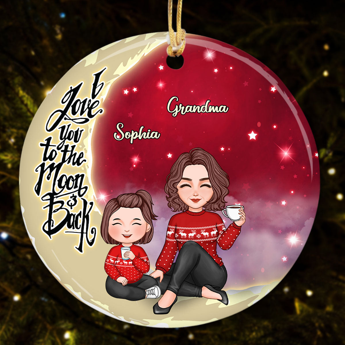 Cute Grandma Grandkids On Moon Christmas Personalized Circle Ornament