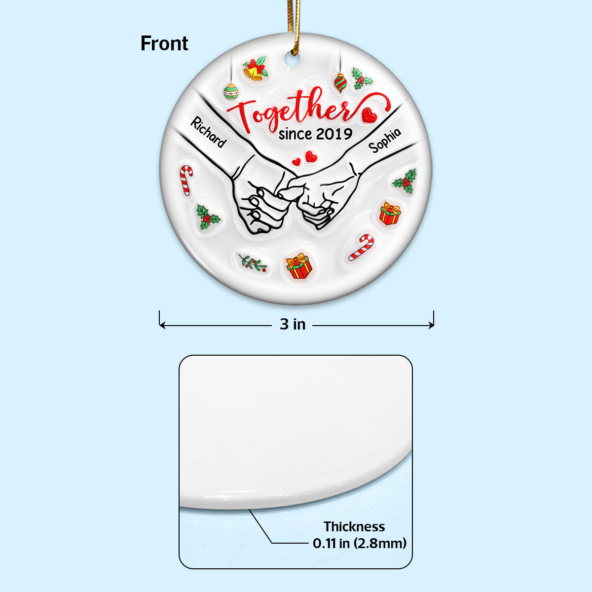3D Inflated Couple Holding Hands Personalized Ceramic Ornament, Christmas Gift For Him, For Her
