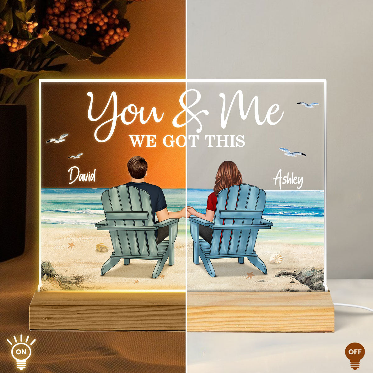 Back View Couple Sitting Beach Landscape Personalized Custom Shape Acrylic Plaque LED Night Light