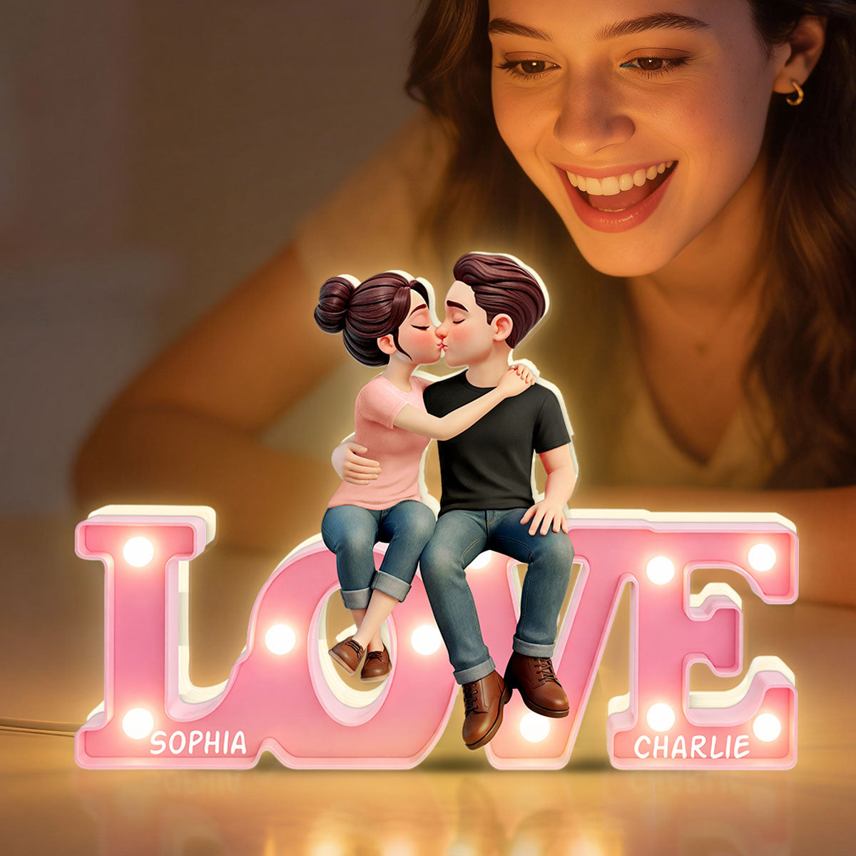 Everlasting LOVE Couple Sitting Kissing - Personalized Light Box - Valentine's Day Gift For Couple, For Him, For Her