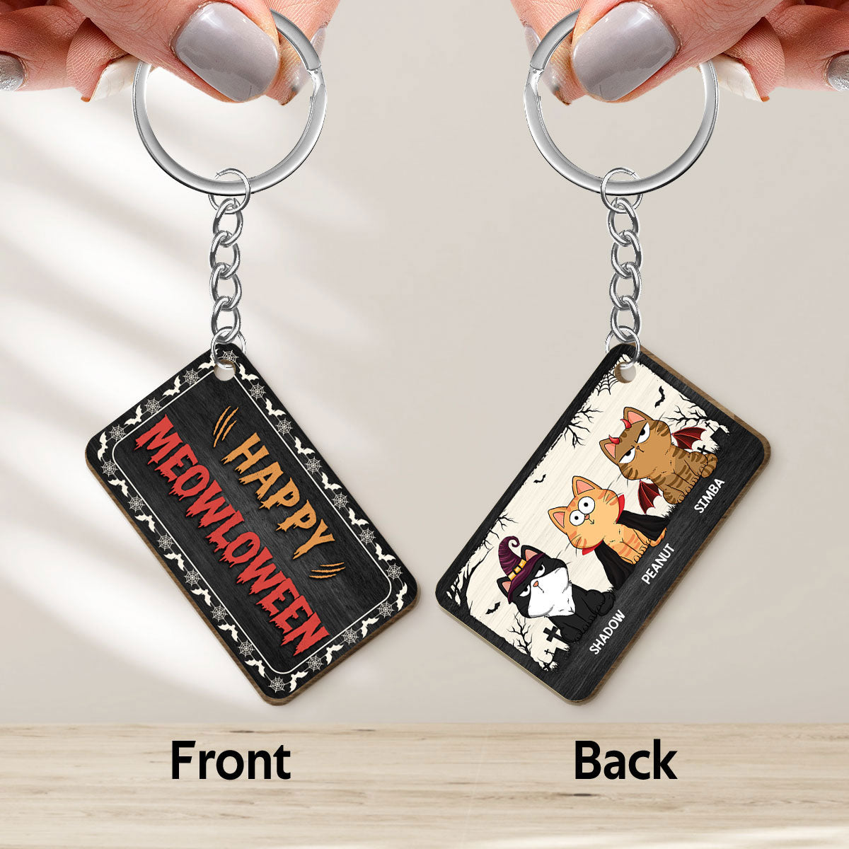 Happy Meowloween Fluffy Funny Cats Expressions Personalized Wooden Keychain
