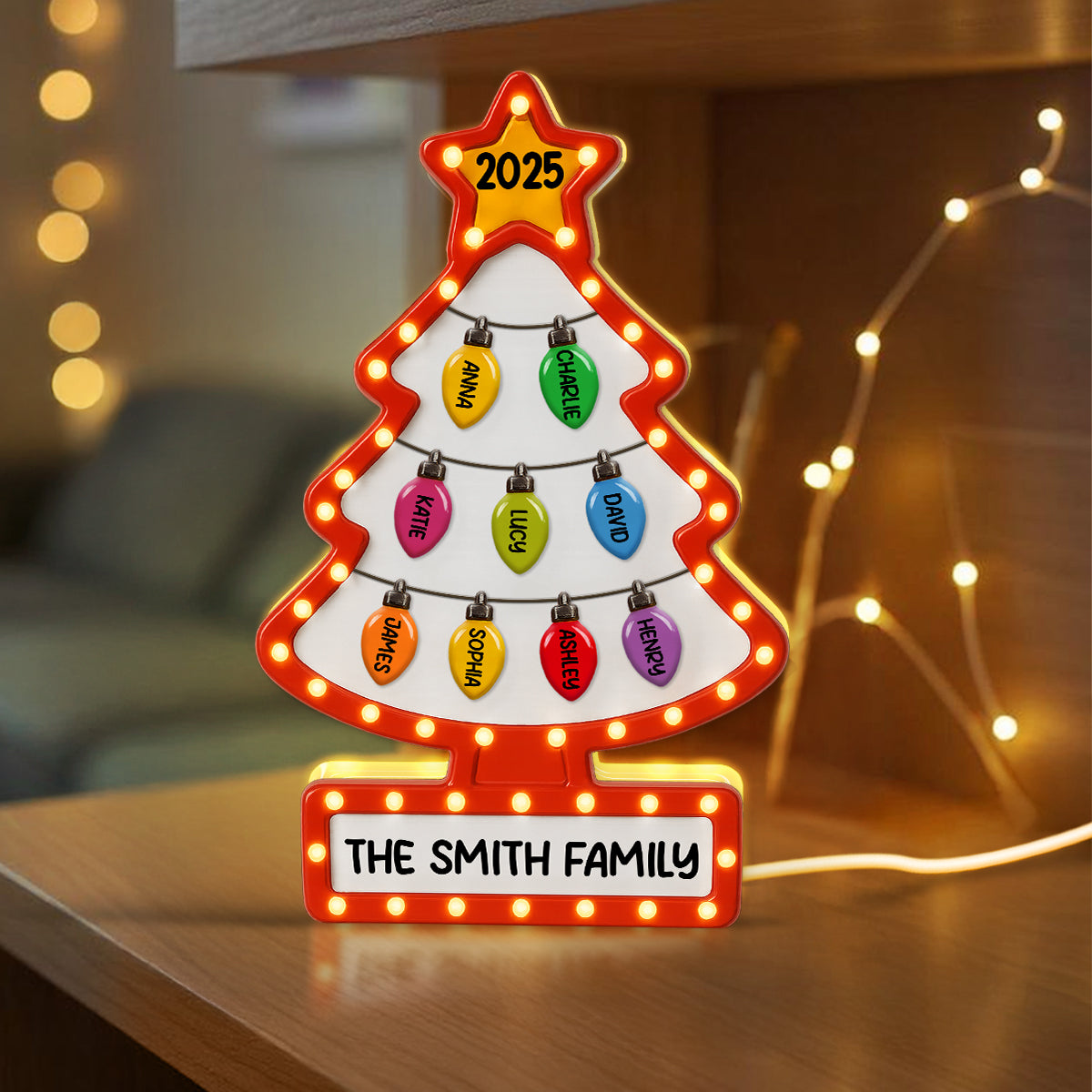 3D Effect Christmas Tree Lights Marquee Texture Family Members Names Personalized LED Light Box
