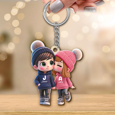 3D Effect Cute Cartoon Couple Walking Personalized Wooden Keychain,  Gift for Him, Gift for Her