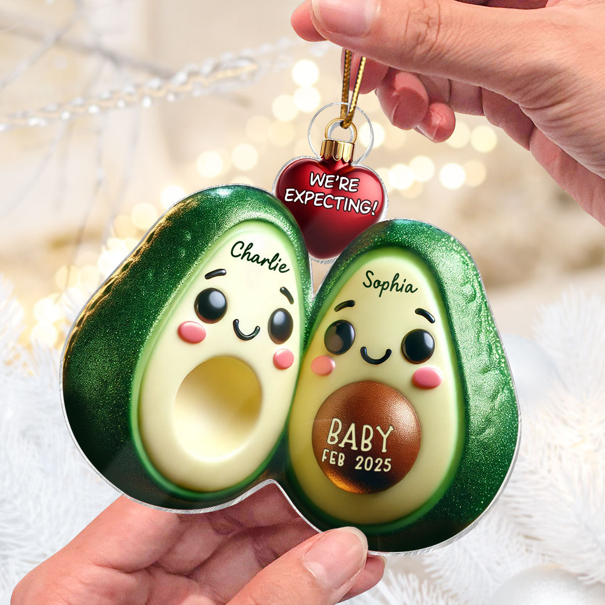 Avocado Couple Expecting Parents Pregnancy Announcement 3D Effect Keepsake Personalized Acrylic Ornament