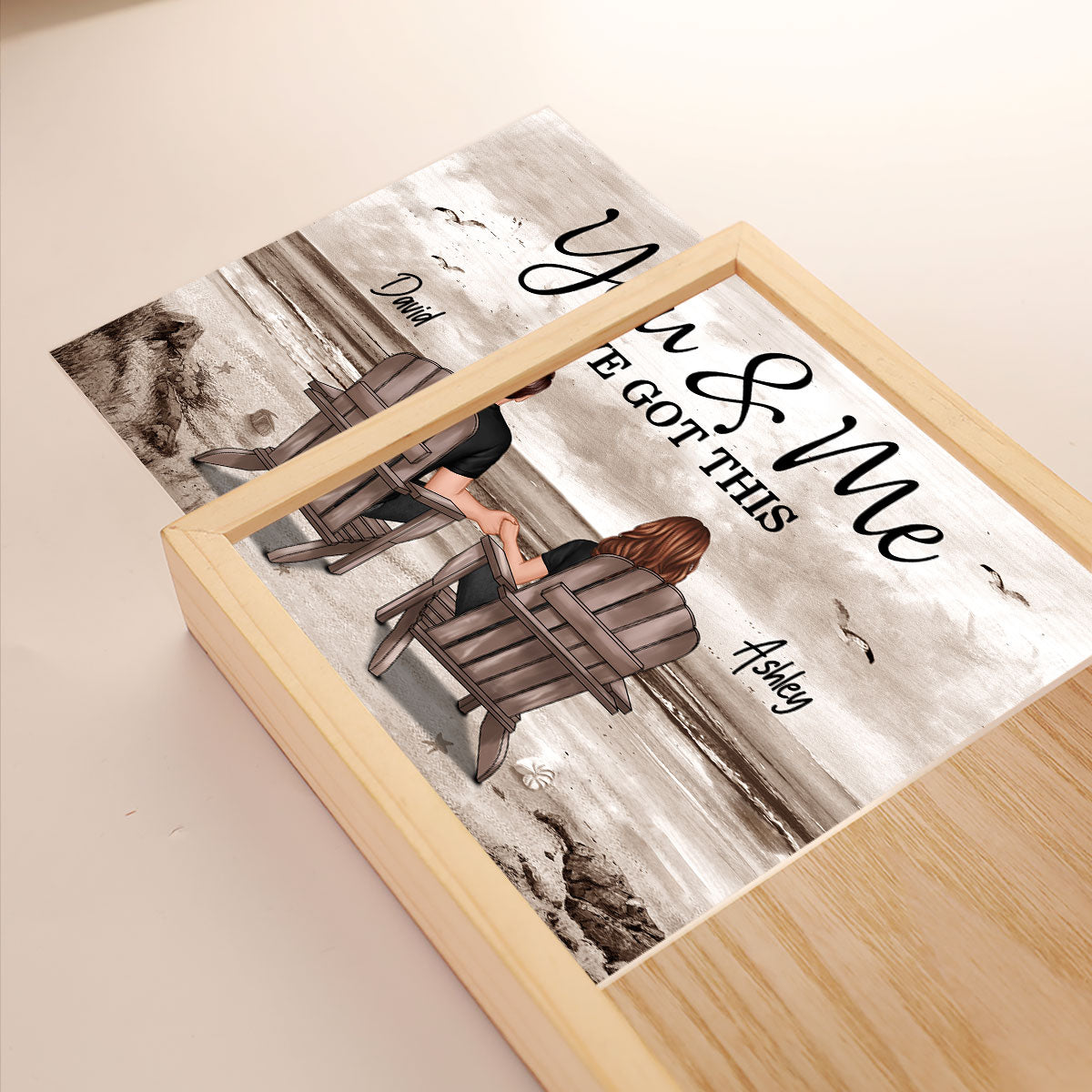 Back View Couple Sitting Beach Landscape Personalized Wooden Frame Light Box