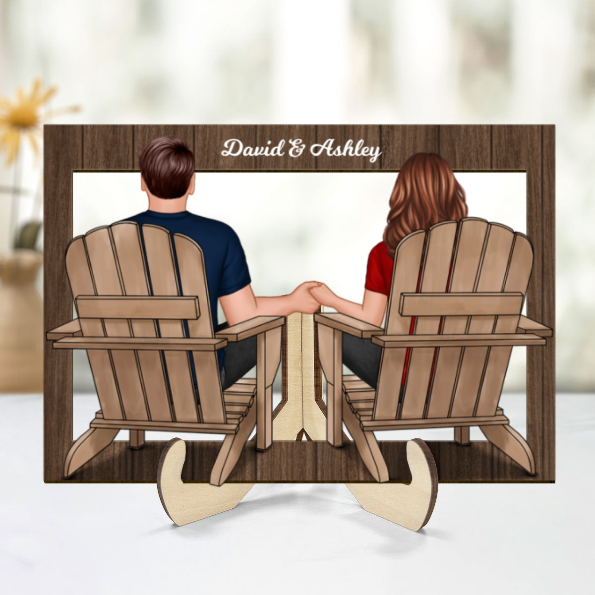Back View Couple Sitting Beach Frame Personalized 2-Layer Wooden Plaque