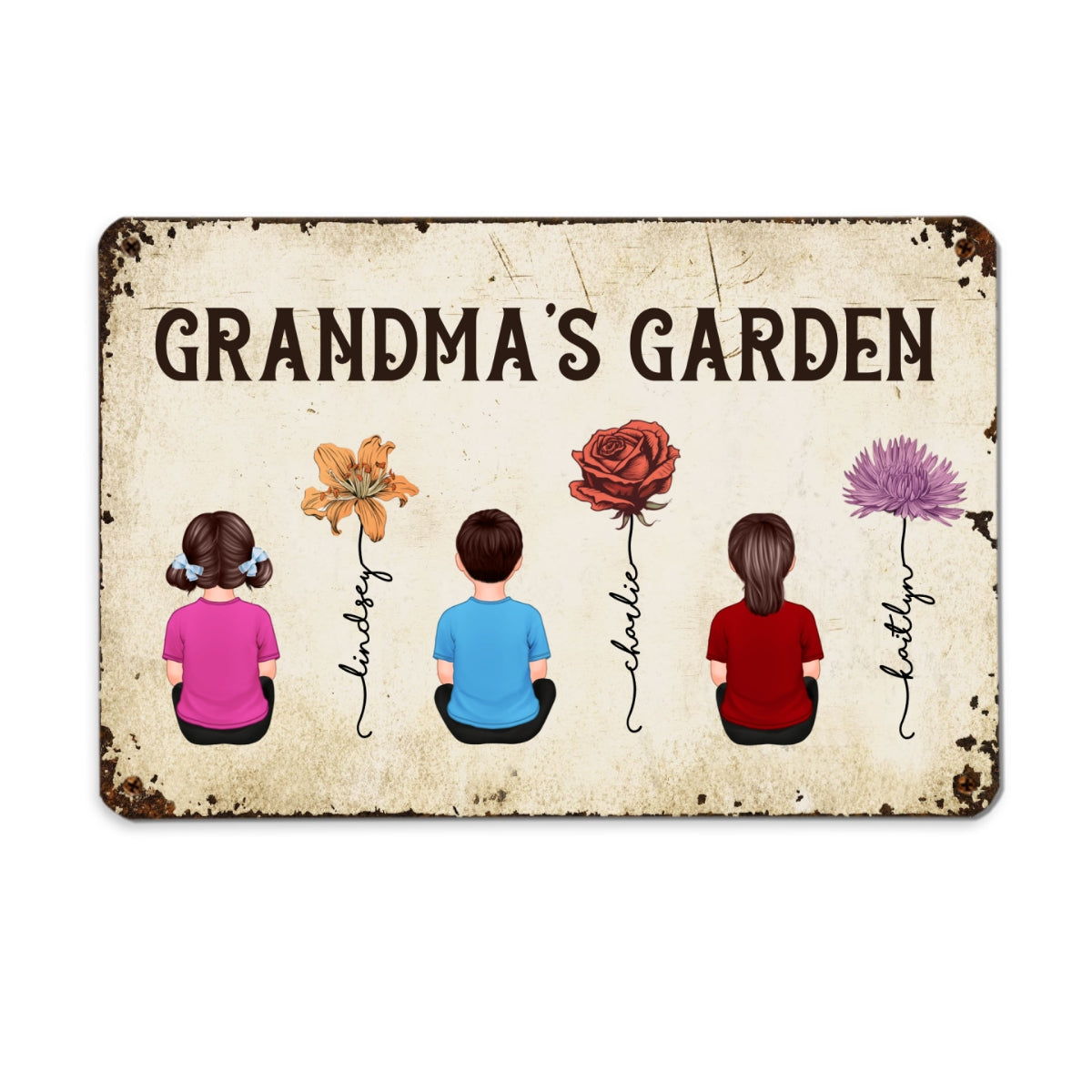 Grandkids Sitting Grandma Garden Vintage Birth Month Flowers Personalized Metal Sign