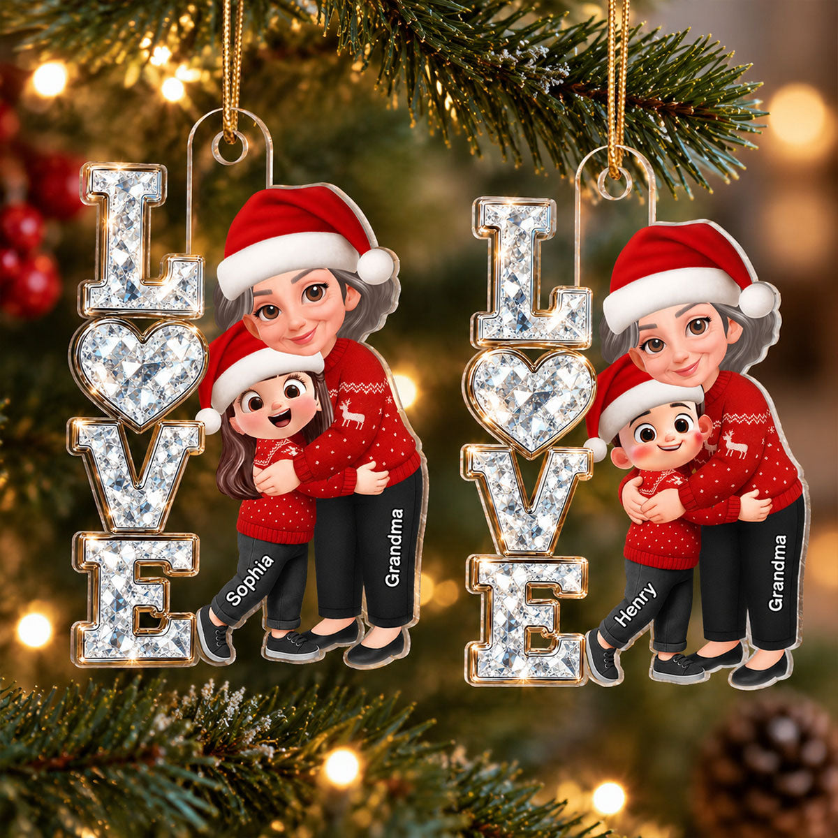 Grandma Hugging Grandkid LOVE Sparkle 2D Flat - Personalized Acrylic Ornament - Christmas Gift For Grandma, Granddaughter, Grandson