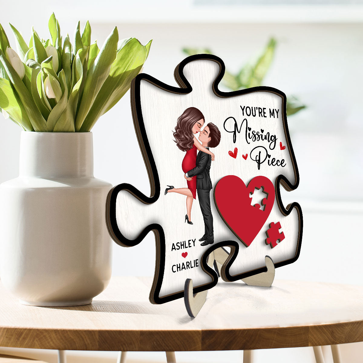 Couple Missing Piece Red Heart In Puzzle Shape Personalized 2-layer Wooden Plaque