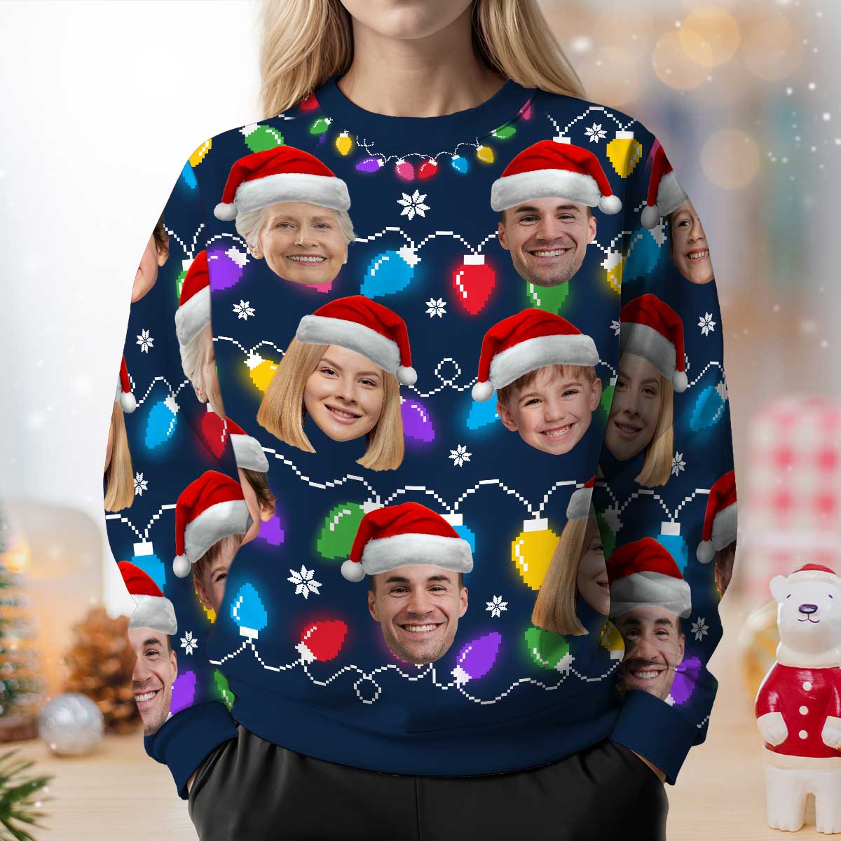 Christmas Light Family Dog Cat Pet Photo Upload Funny Christmas Personalized Faux Knit Ugly Sweater