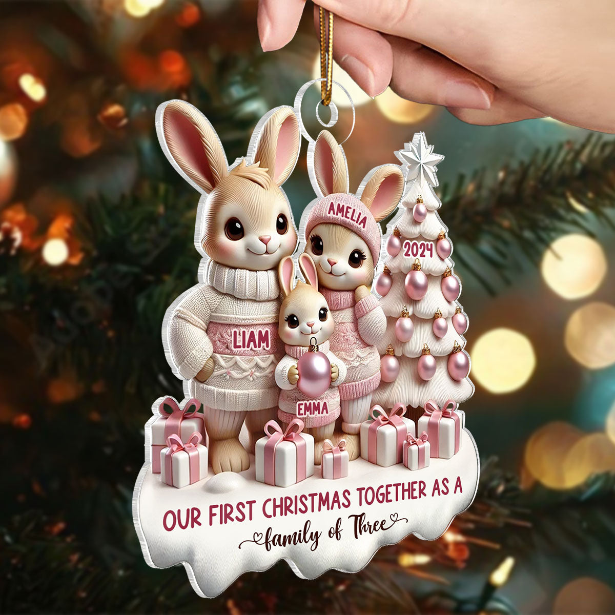 3D Effect Bunny Family Our First Christmas As A Family Of Three Christmas Personalized Acrylic Ornament, Newborns Gift, New Parents Gift