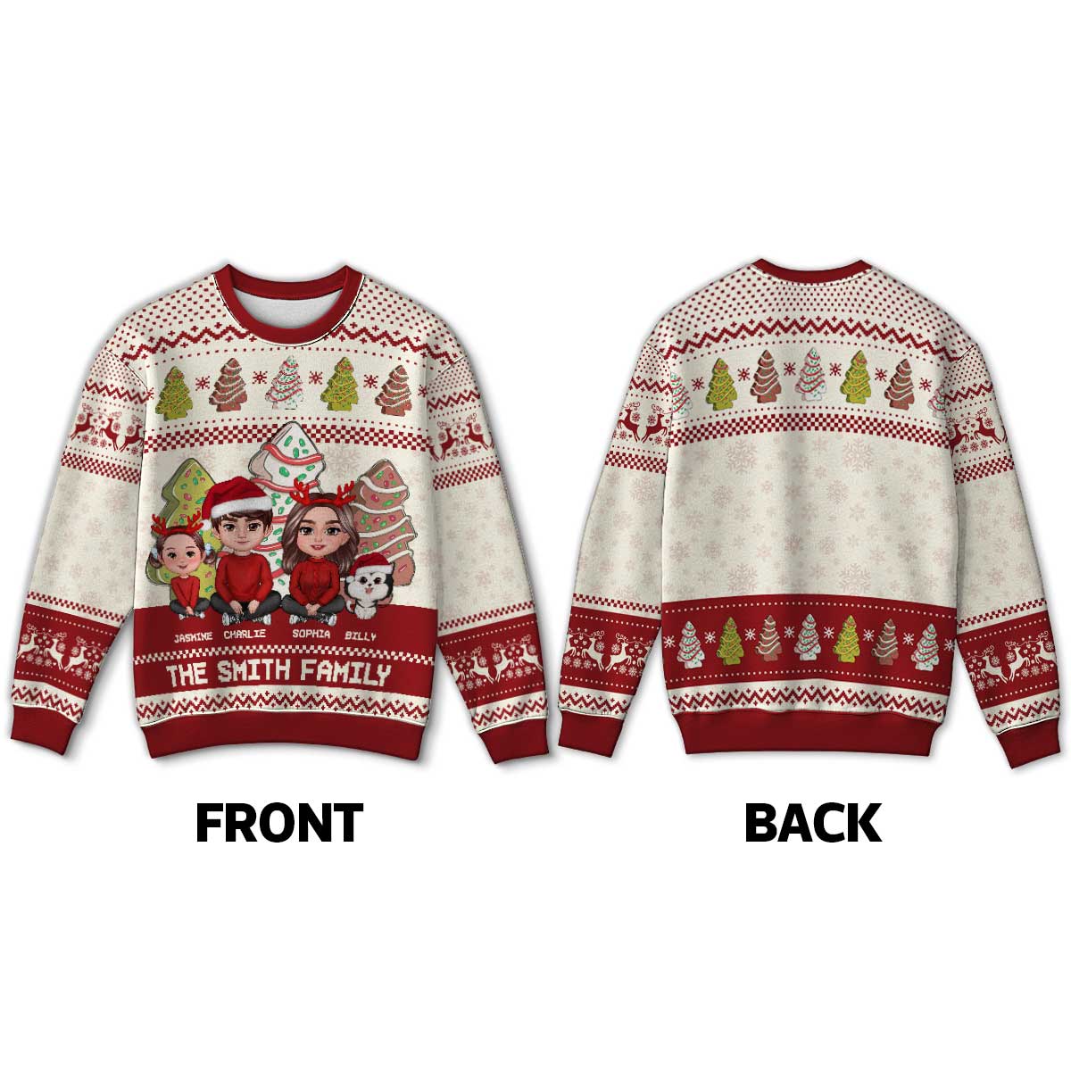 Family Christmas Tree Cake Personalized Faux Knitting Ugly Sweater