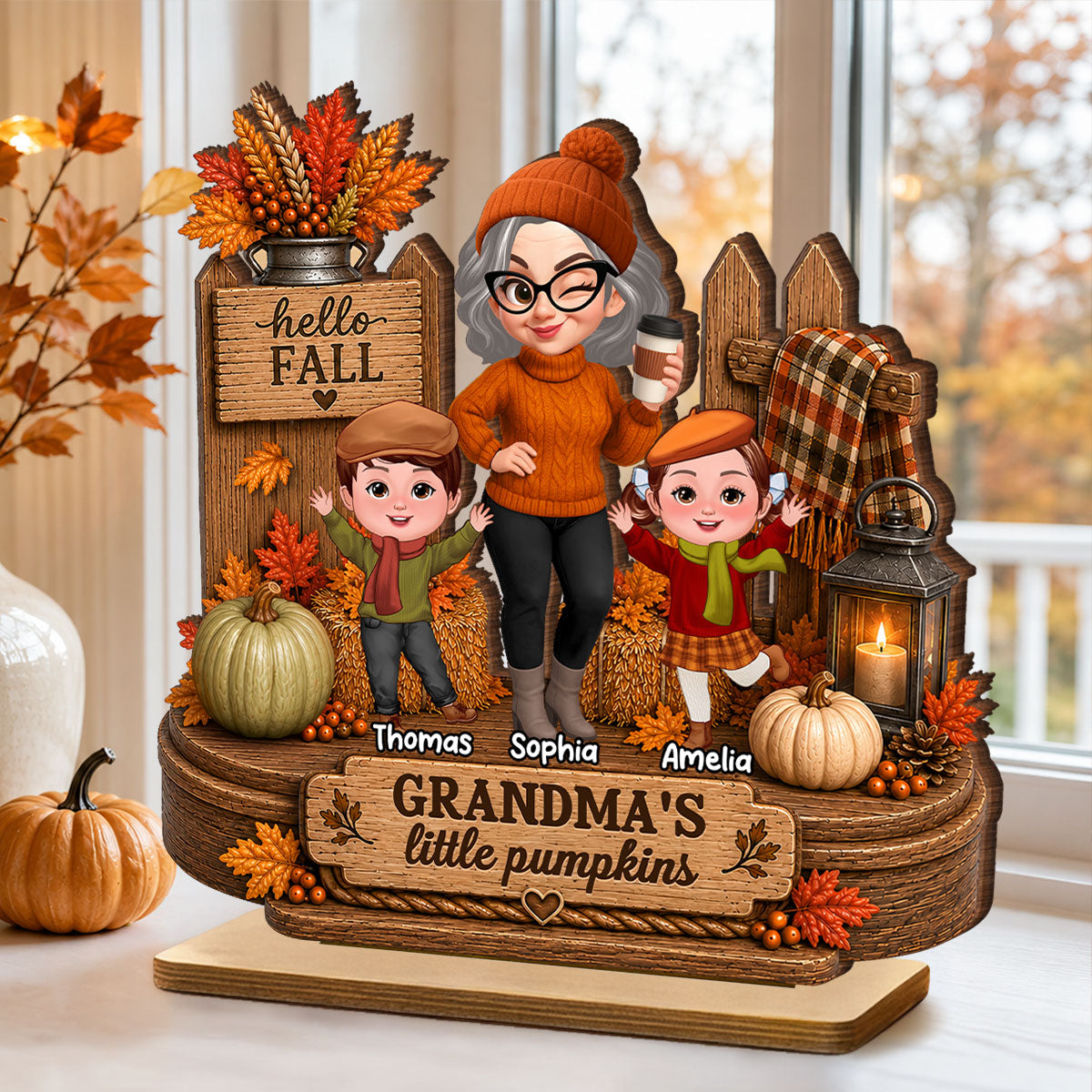 Hello Fall Grandma's Little Pumpkins - Personalized 2-Layered Wooden Plaque - Cozy Fall Decor for Grandma