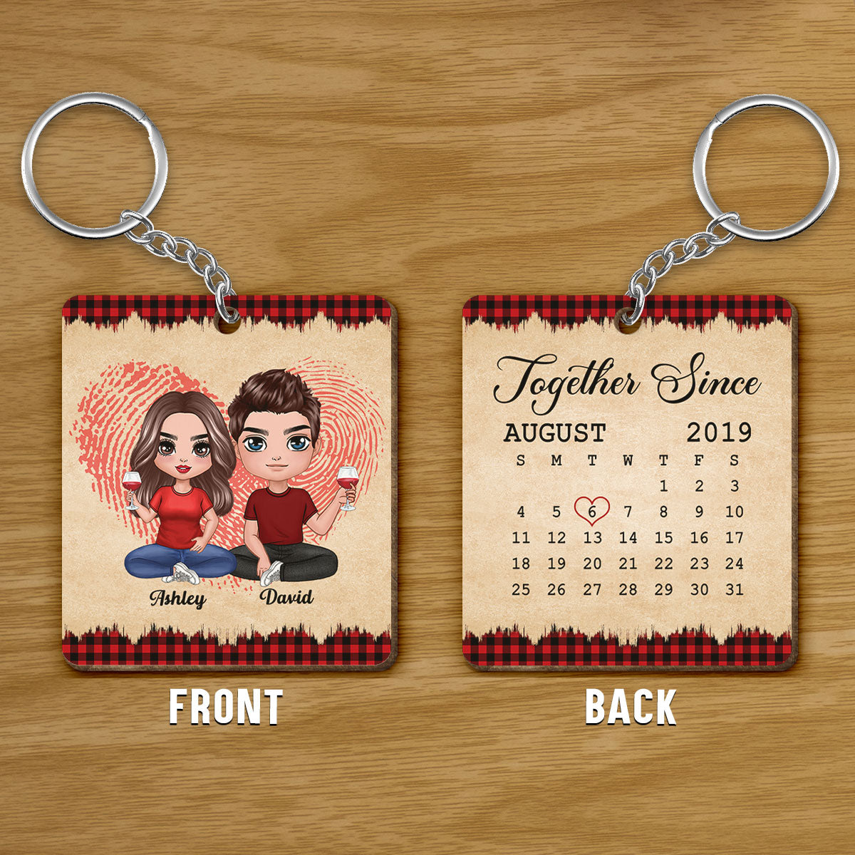 Fingerprint Doll Couple Sitting Checkered Pattern Calendar Anniversary Date Vintage Personalized Wooden Keychain