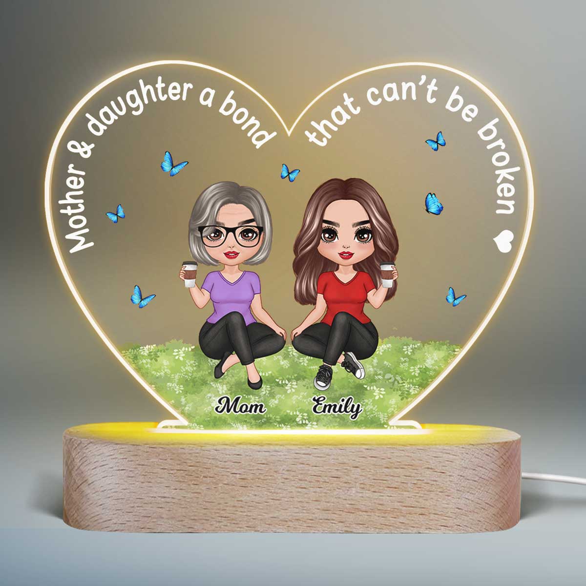 Doll Mother Daughter A Bond That Can‘t Be Broken Personalized Heart Acrylic Plaque LED Lamp Night Light