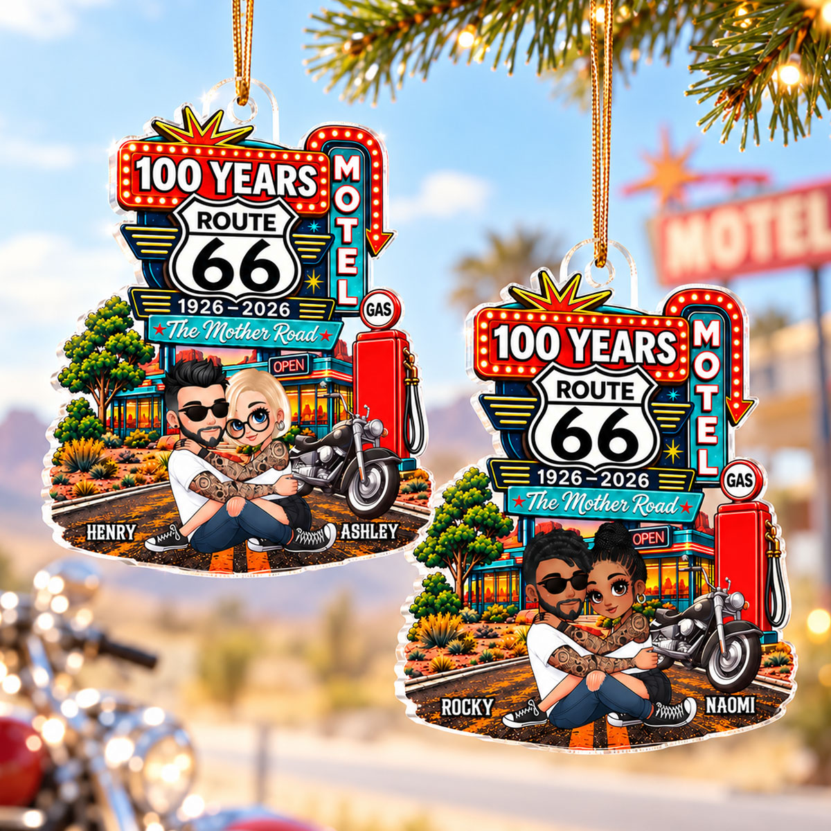Vintage Biker - Personalized Acrylic Ornament - Route 66 Keepsake, Christmas Gift for Husband, Wife & Motorcycle Lovers.