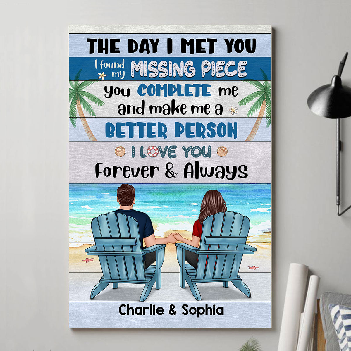 Couple Sitting Blue Pallete Beach Personalized Vertical Poster