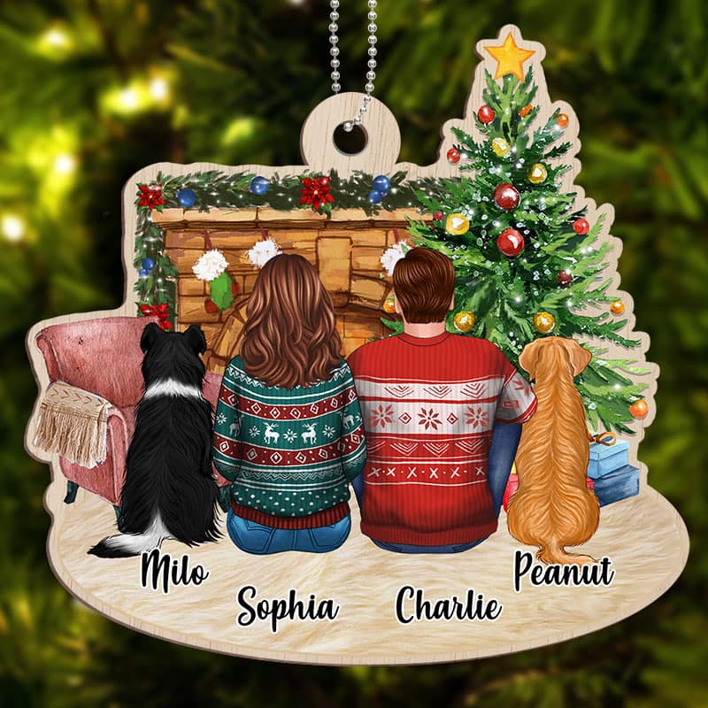 Fireplace Family Couple And Dogs Personalized Wooden Ornament