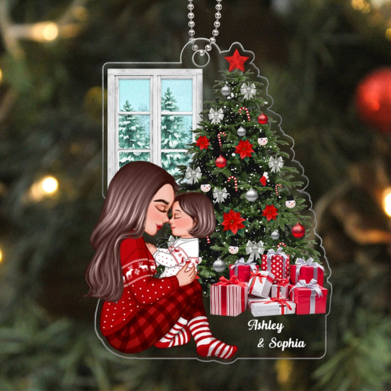 Grandma Mom Holding Kid Side View Next To Christmas Tree Personalized Acrylic Ornament
