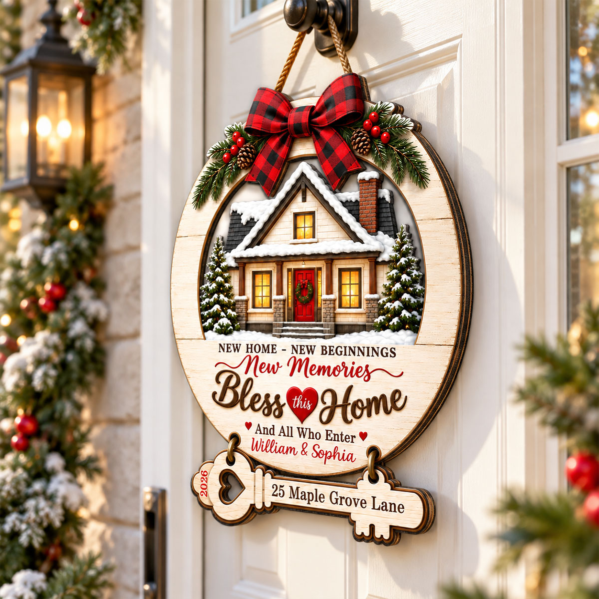 New Home New Beginnings Bless This Home Custom Family Name & Year - Personalized Wood Sign - Christmas Housewarming Gift For New Homeowners, Couples, Families