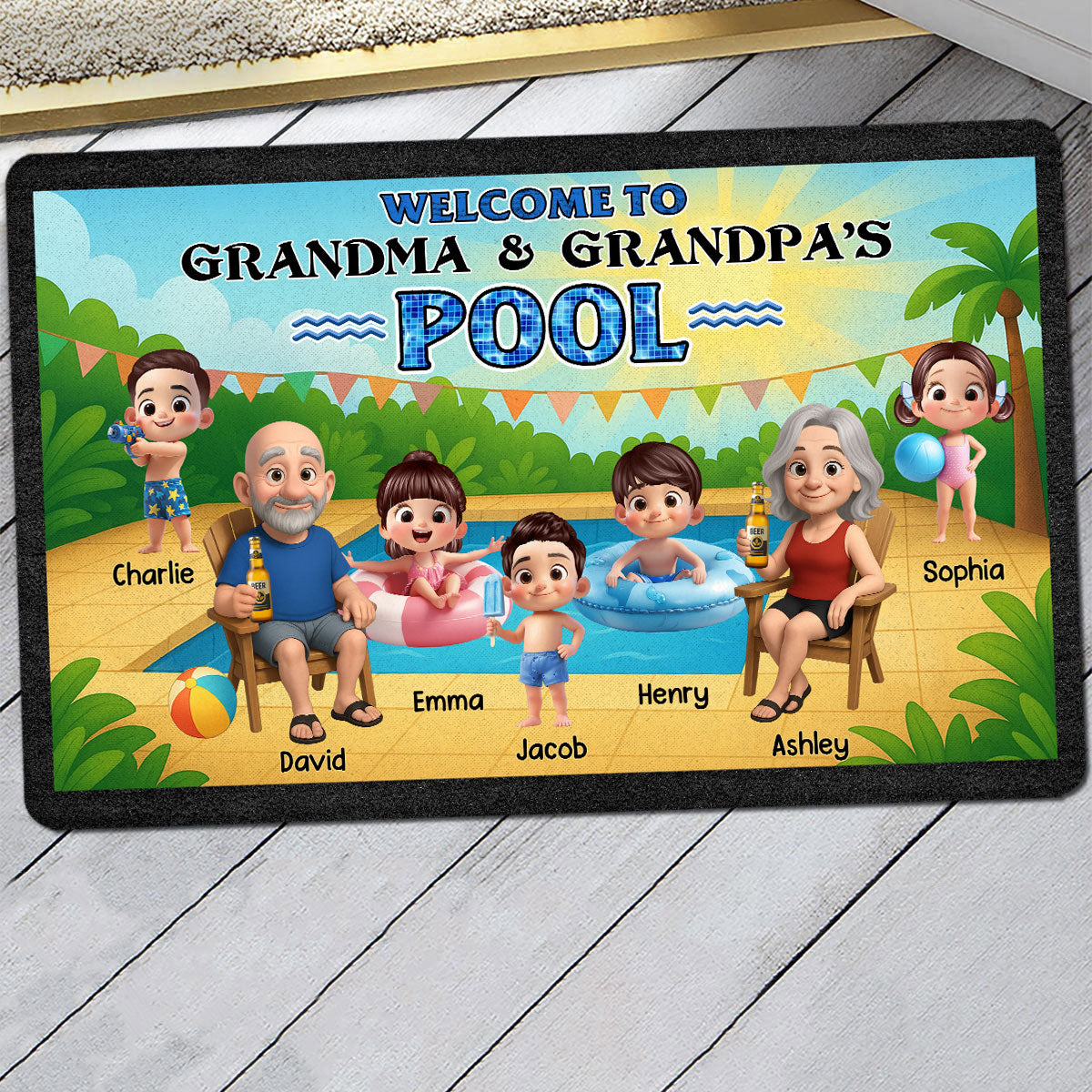 Welcome to Grandparents Pool Personalized Non-Slip Doormat, Entryway Front Porch Farmhouse Summer Grandkids Welcome Mat