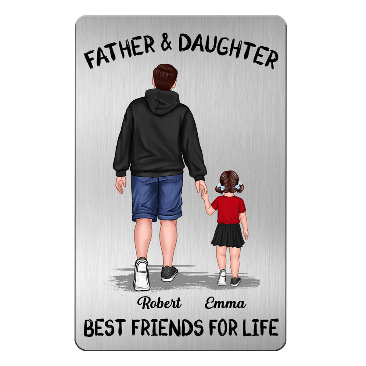Dad And Kids Daughter Son Walking Best Friends Forever Personalized Metal Wallet Card