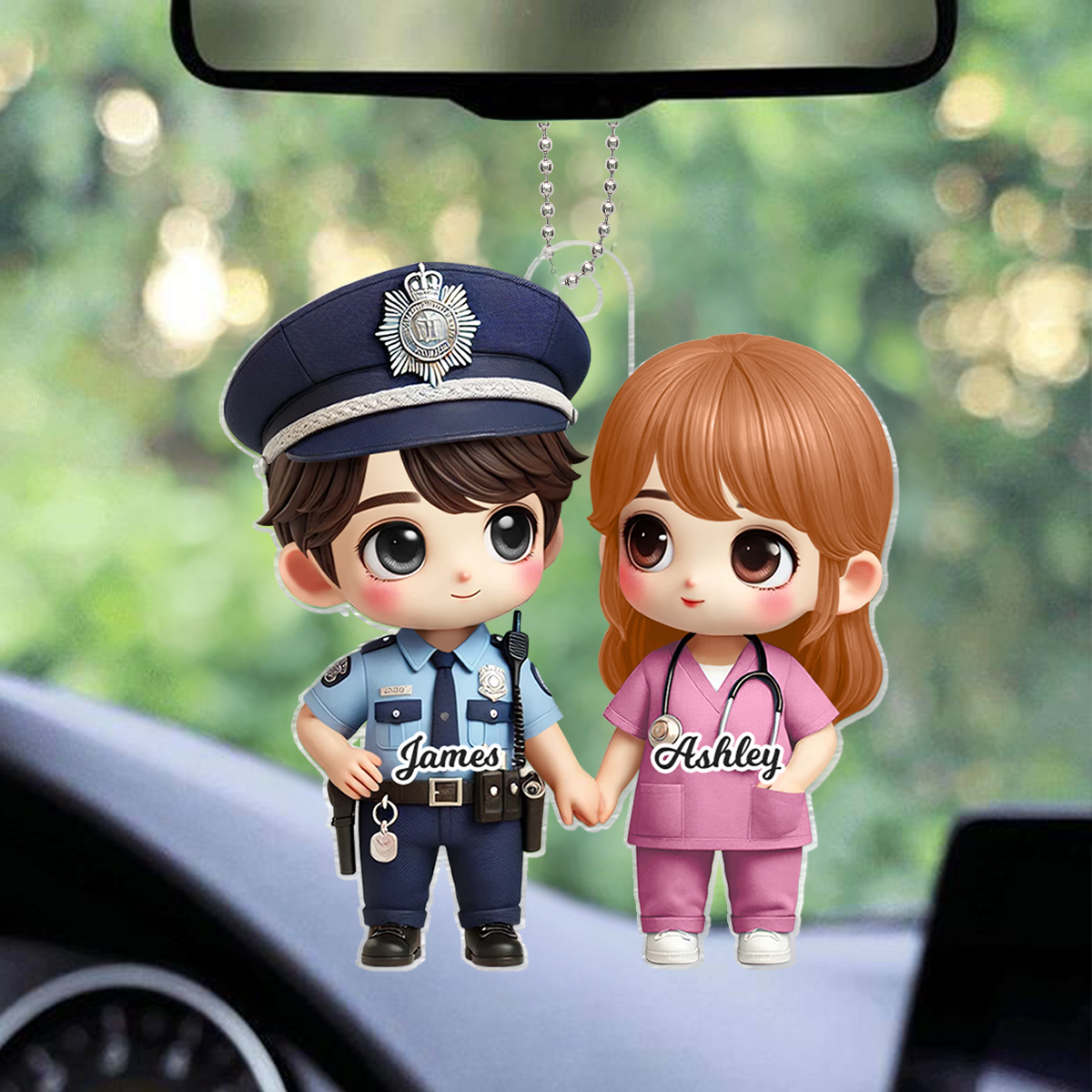 3D Effect Cute Cartoon Couple Gift by Occupation Gift For Her Gift For Him Personalized Acrylic Car Hanger, Anniversary Gift For Couple