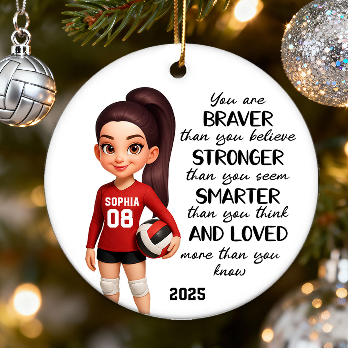 Christmas Volleyball Player Emotional Support You Are Braver Than You Think - Personalized Ceramic Ornament