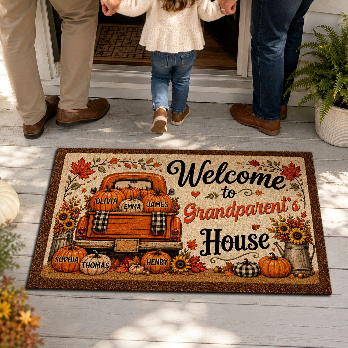 Floral Pumpkin Patch Truck Grandparent - Personalized Doormat - Fall Season Decor Gift, Gift For Grandma Grandpa