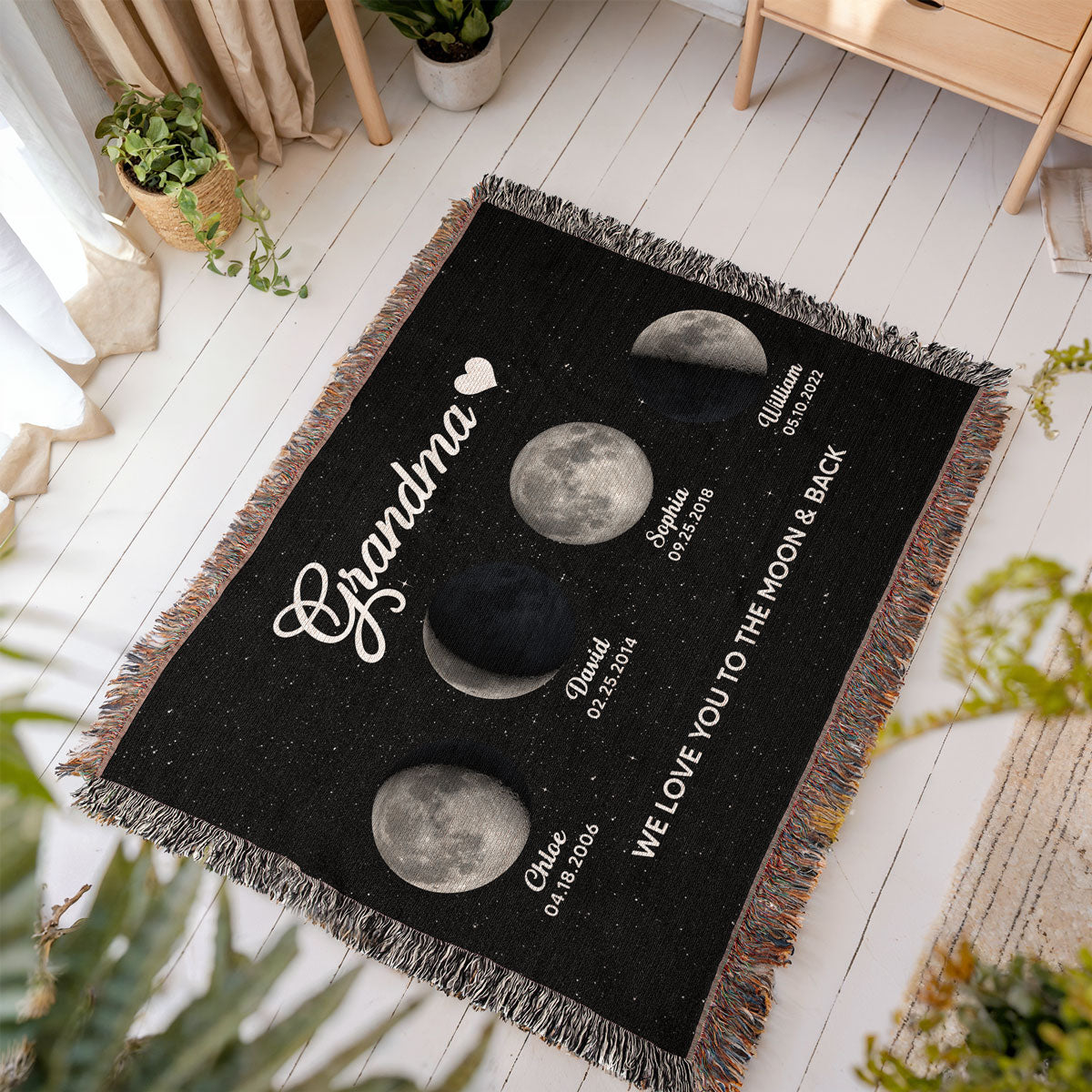 Mom Grandma Love You To The Moon And Back Moon Phase Art Personalized Tapestry Woven Blanket