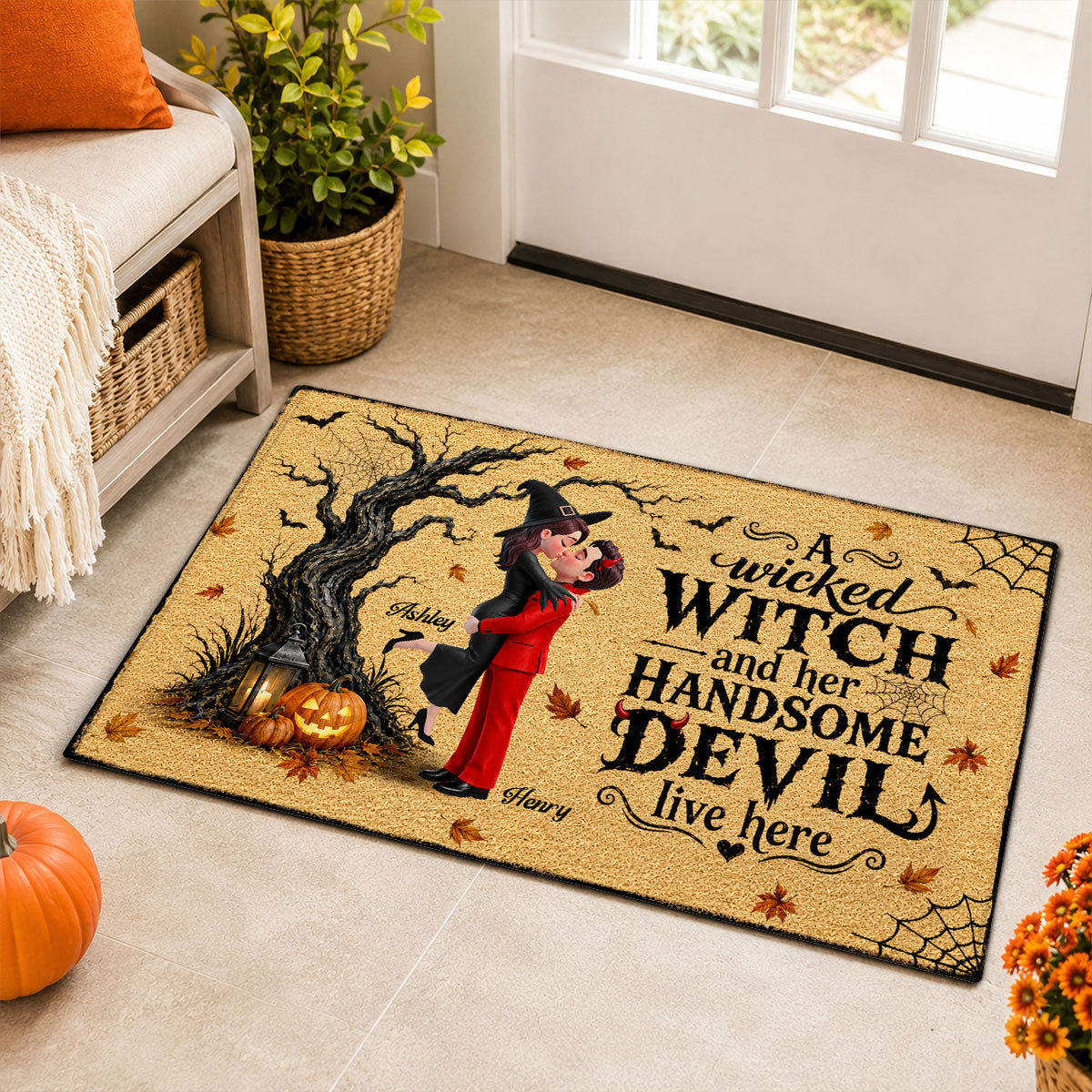 Wicked Witch And Handsome Devil Live Here - Personalized Doormat - Halloween Decor For Couple