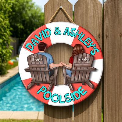 Couple Sitting Back View Poolside Swimming Float Personalized 2-Layer Wood Sign