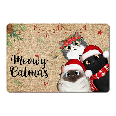 Meowy Catmas Cute Peeking Fluffy Cat Christmas Personalized Doormat