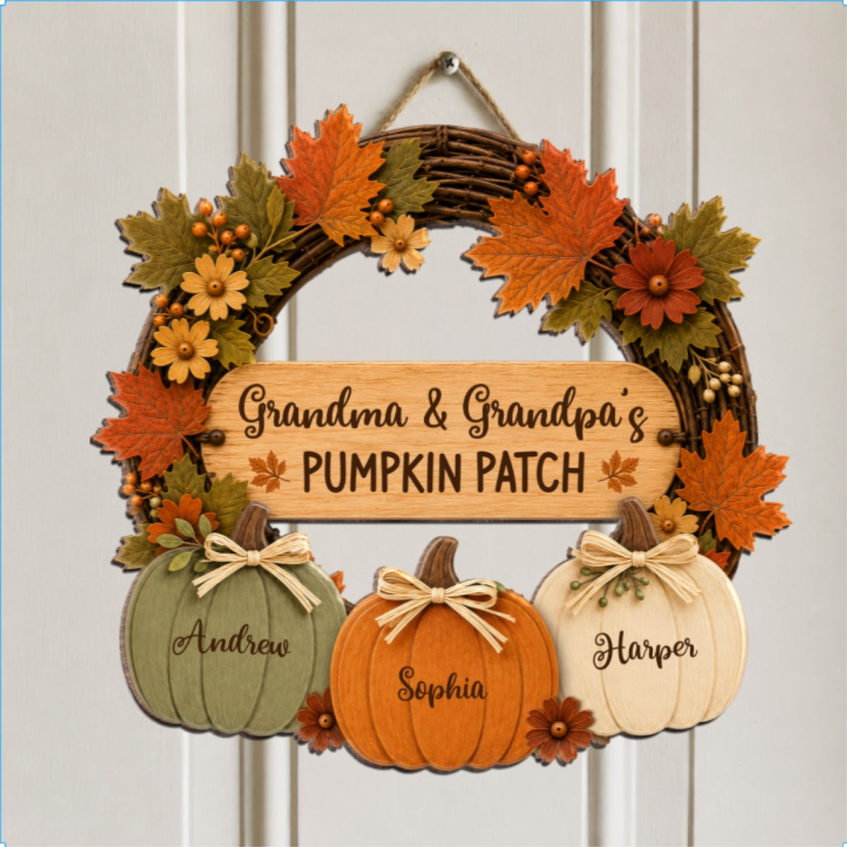 Grandma Grandpa's Pumpkin Patch 2D Flat Printed Wreath - Personalized Door Hanger - Fall Season Decor For Grandparents