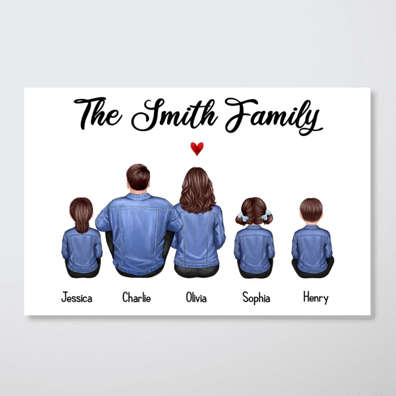Whole Family Back View Denim Couple Dad Mom Kids Dogs Cats Sitting Personalized Horizontal Poster