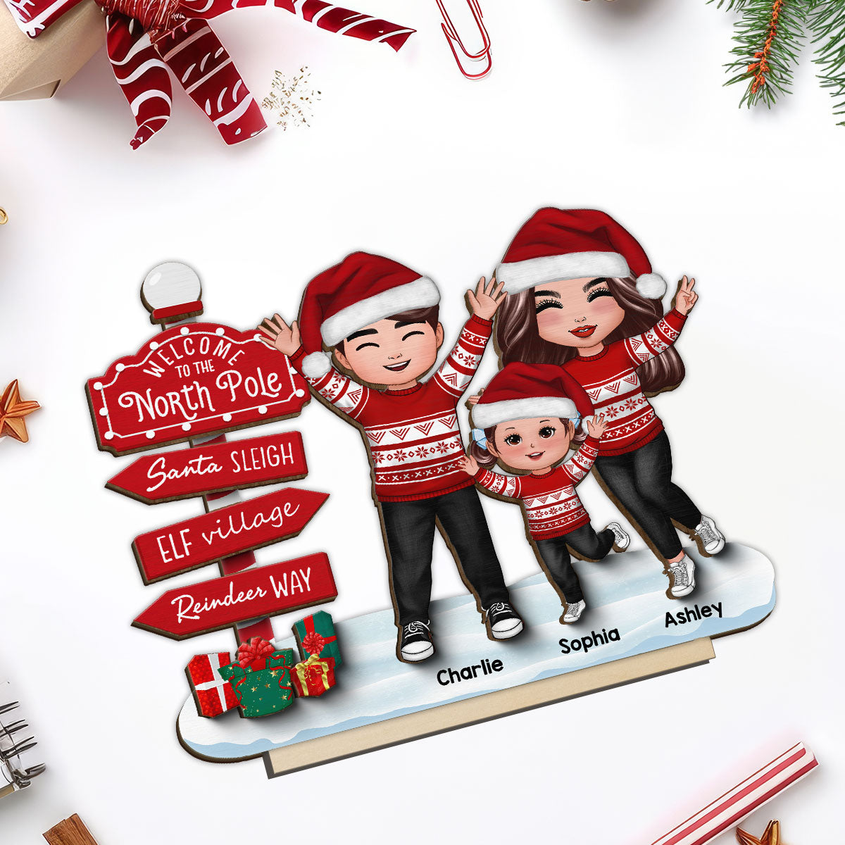Happy Family With Christmas North Pole Sign Personalized 2-Layer Standing Wooden Plaque, Christmas Decoration