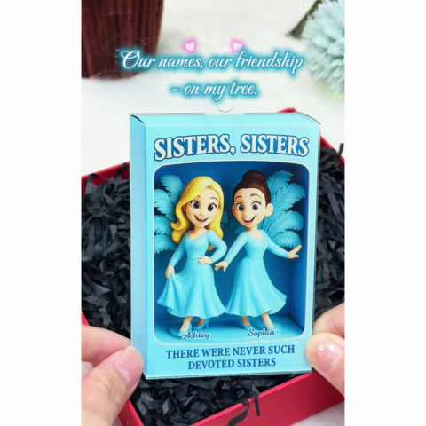Sisters Besties in Blue Dress Custom Name Toy Box Figure Style Personalized Acrylic Ornament