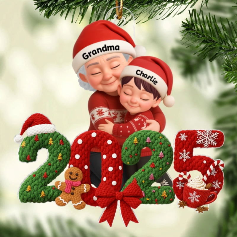 Grandma Hugging Grandkid 2025 Latch Hook Yarn Faux - Personalized Acrylic Ornament - Heartfelt Christmas Gift for Grandma, Grandkids