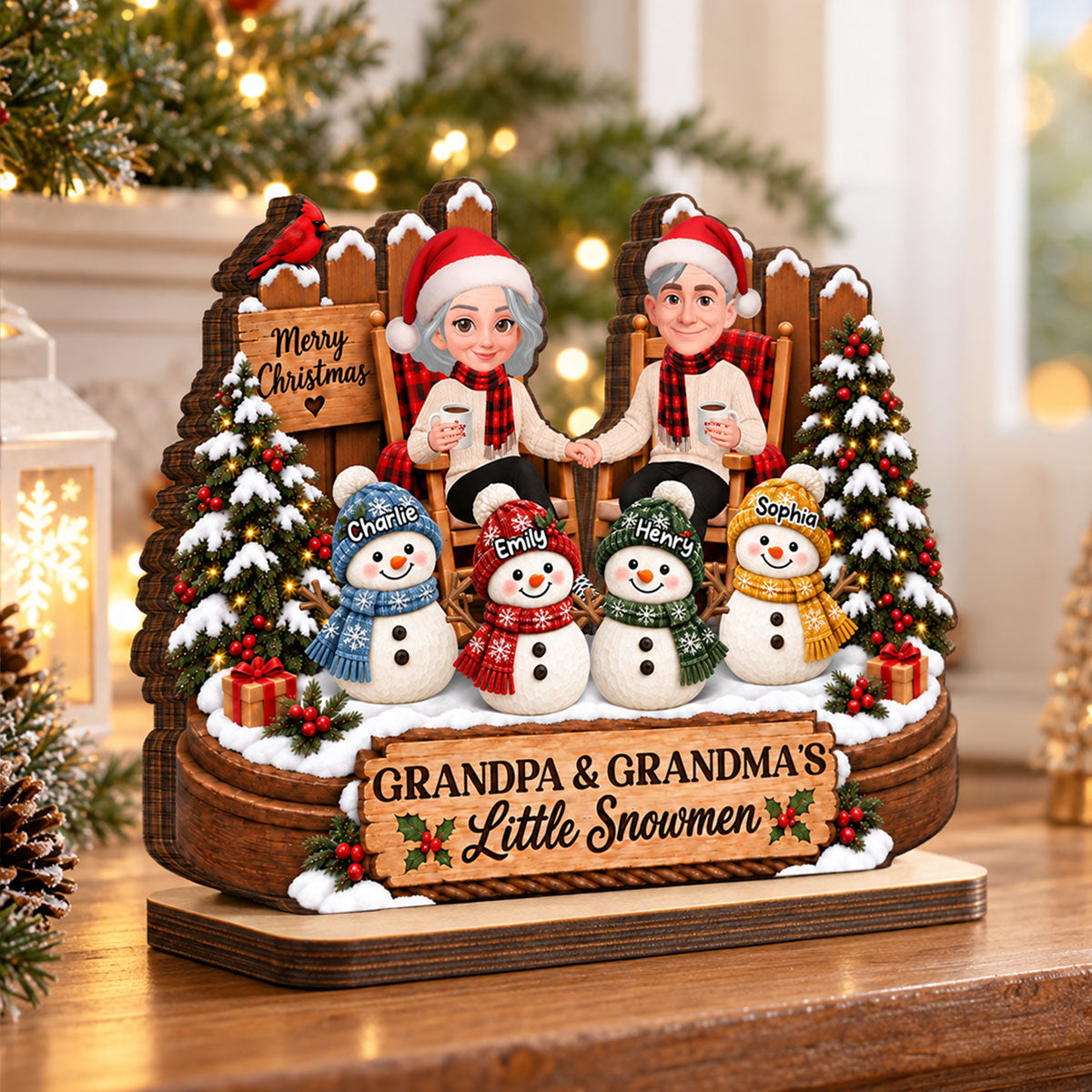 Grandpa & Grandma's Little Snowmen - Personalized 2-Layered Wooden Plaque - Christmas Gift For Grandparents