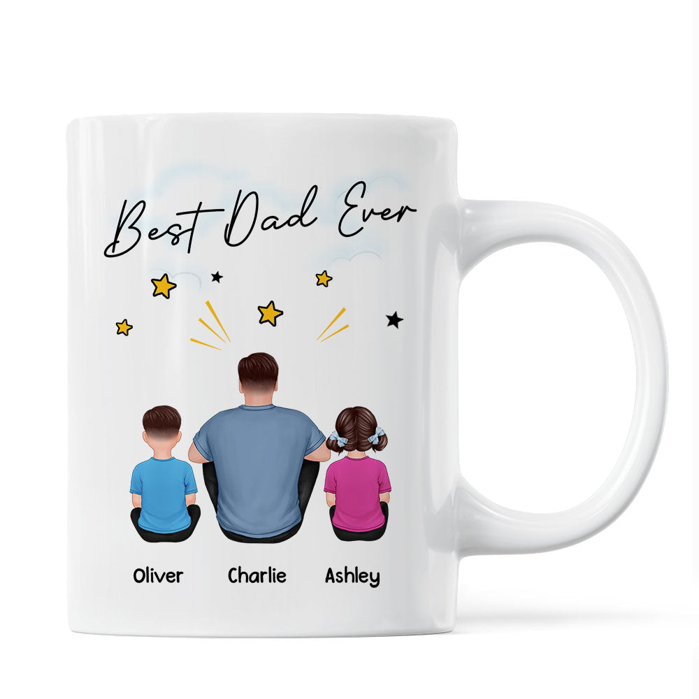 Happy Father‘s Day To Our Hero Back View Sitting Dad Kids Dog Cat Personalized Mug