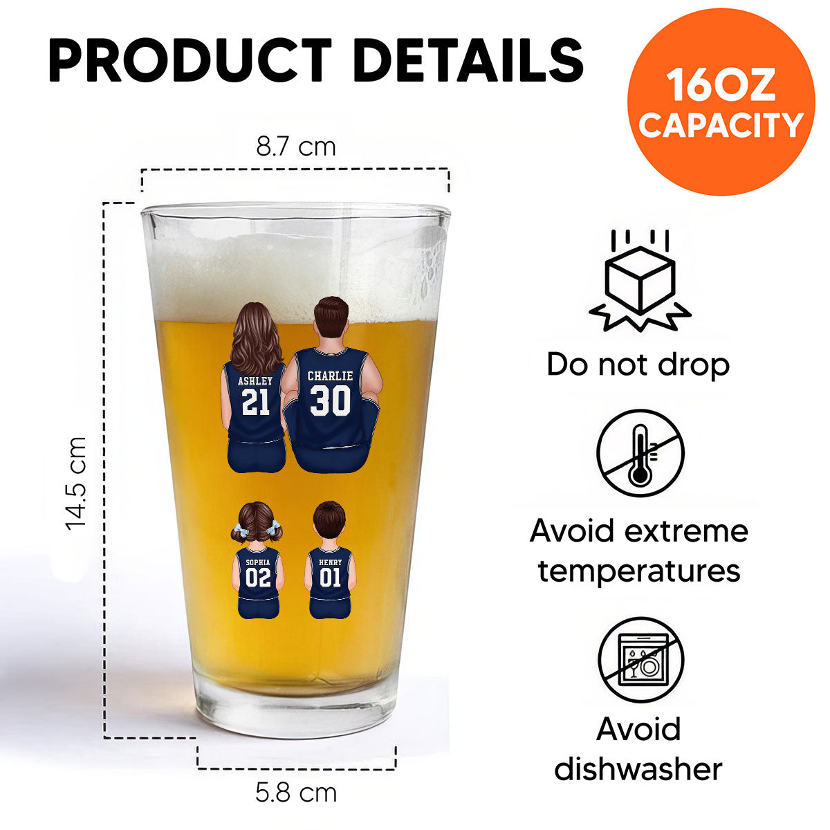 Daddy's Dream Team Basketball Personalized Beer Glass, Father's Day Gift for Dads