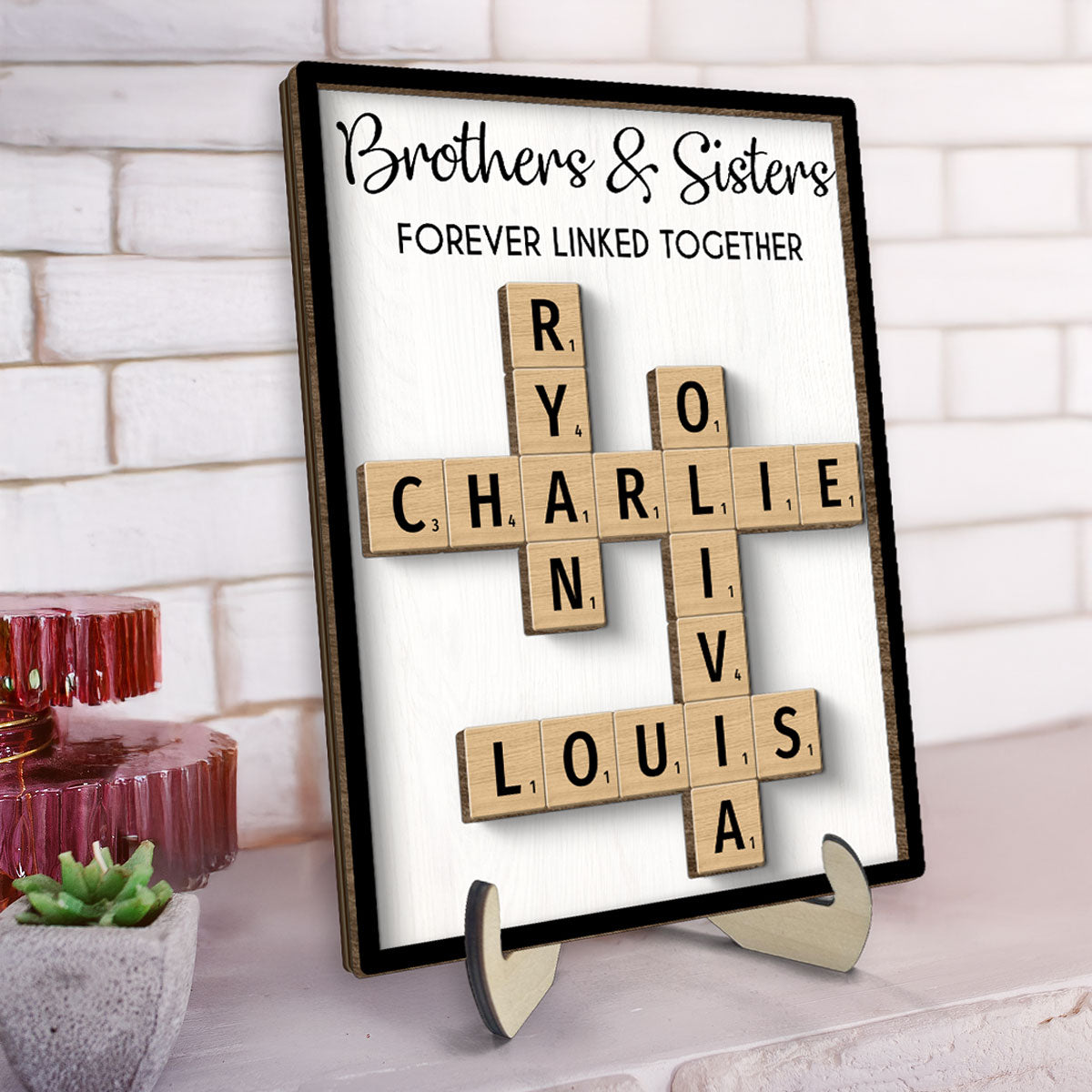 Brothers & Sisters Forever Linked Together Crossword Puzzle Art Personalized 2-Layer Wooden Plaque, Gift For Brothers, Sisters, Siblings, Family